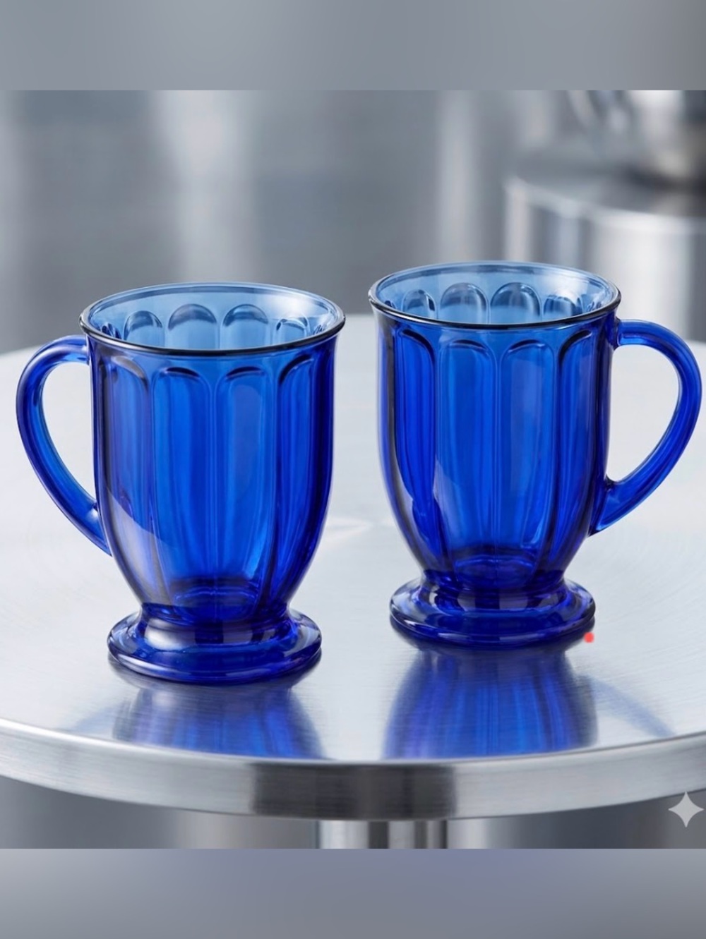 🌸 Anchor Hocking Cafe Optic Cobalt Blue Footed Mugs, Qty 2, 4 7/8”H